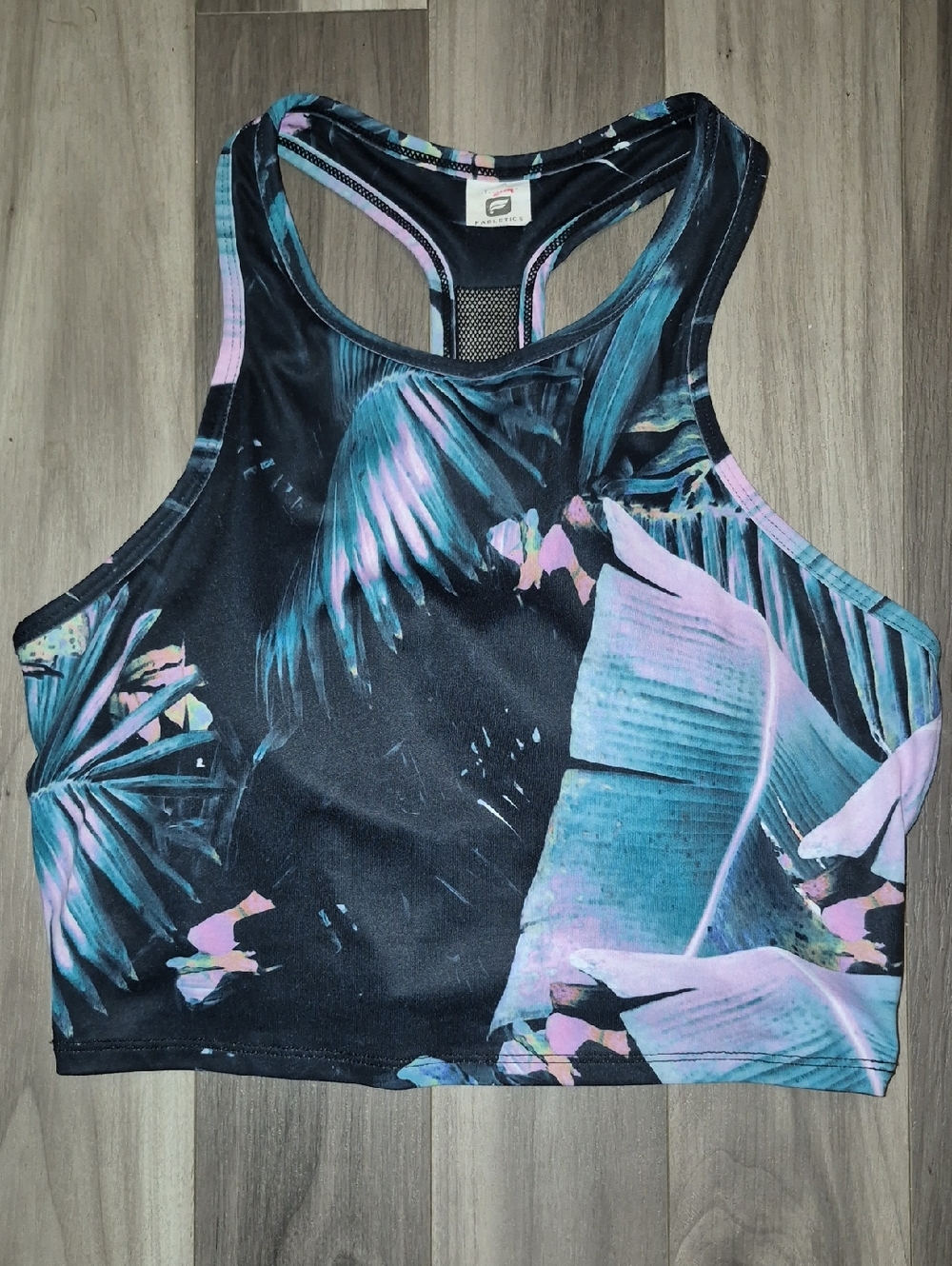 Fabletics Clara Sports Bra/Crop with Teal & Light Pink Tropical Print..size S?